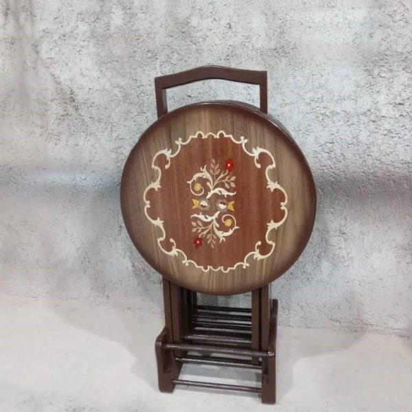 میز عسلی تاشو چمدانی جلومبلی معرق دایره چوب آکاژو