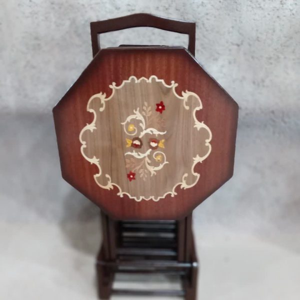 میز عسلی تاشو چمدانی جلومبلی معرق هشت ضلعی چوب گردو