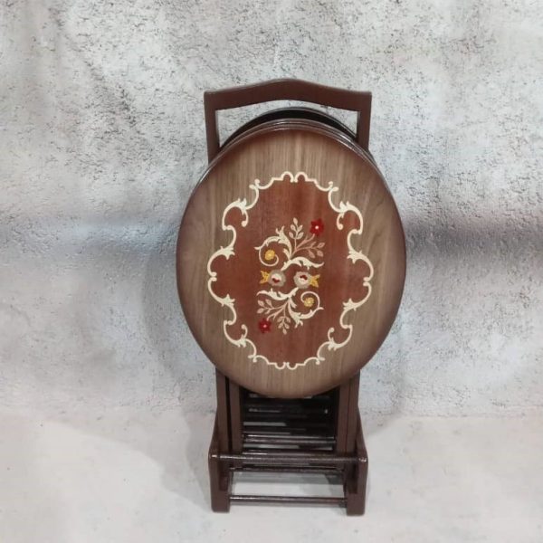 میز عسلی تاشو چمدانی جلومبلی معرق بیضی چوب آکاژو