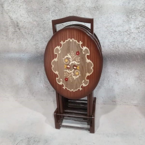 میز عسلی تاشو چمدانی جلومبلی معرق بیضی چوب گردو