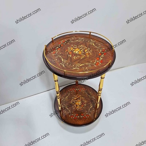 میز چوبی تلفن و آباژور 2 طبقه گرد قهوه ای