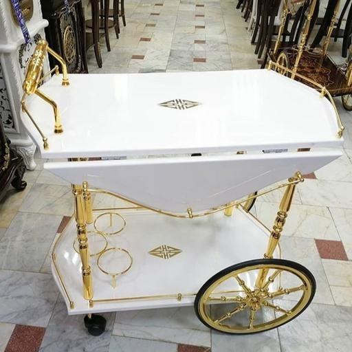 میز بار.میز کالسکه ای.(طرح برنزی).رنگ سفید